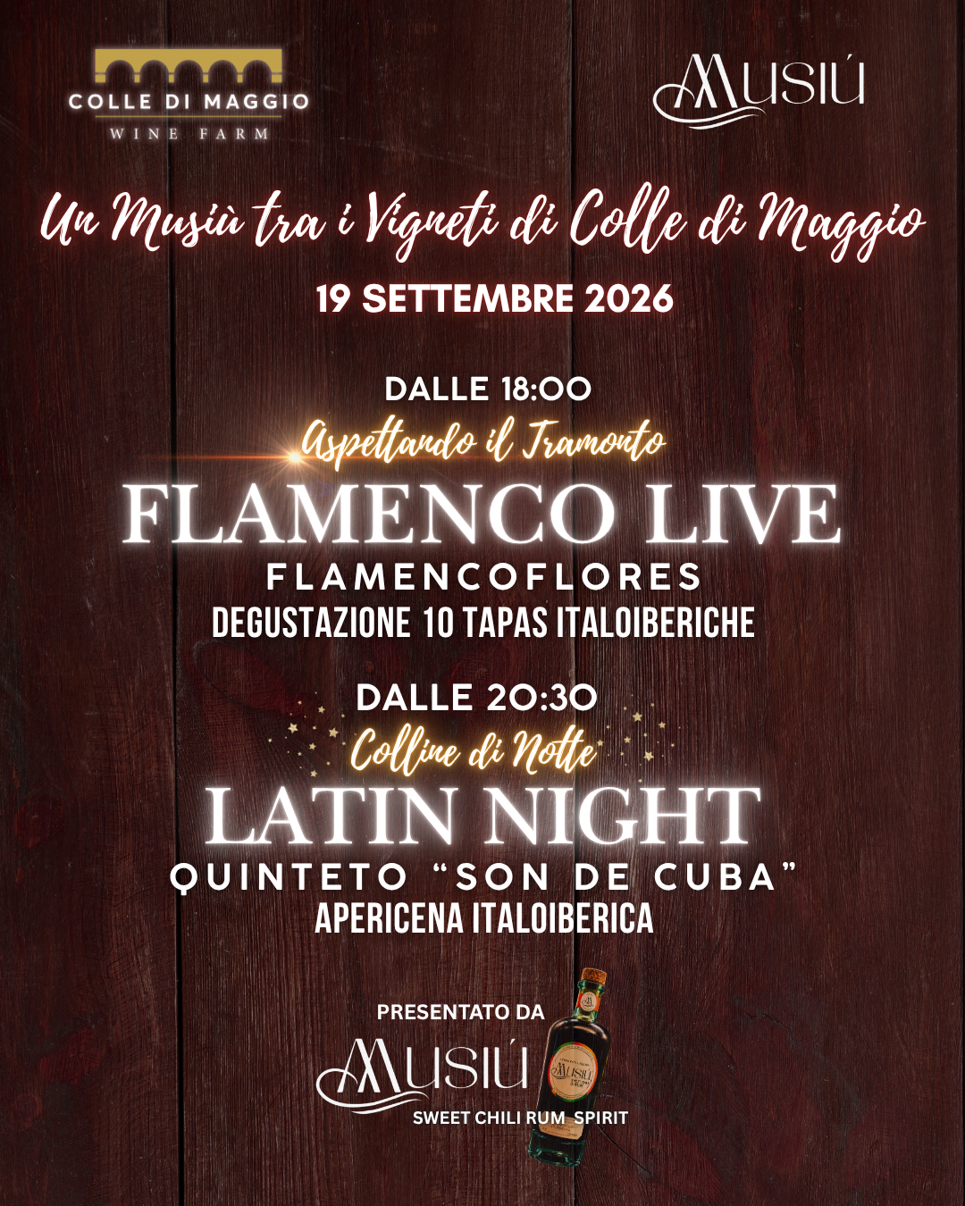 Musiù tra i Vigneti a Colle di Maggio Wine Farm  ''ASPETTANDO IL TRAMONTO''  INGRESSO DOPPIO SHOW + DEGUSTAZIONE TAPAS